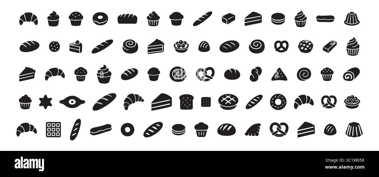 Set di sagome nere di prodotti da forno, dessert, torte, cupcake, croissant, ciambelle, torte, biscotti, isolati su sfondo bianco. pasticceria, dolce Illustrazione Vettoriale