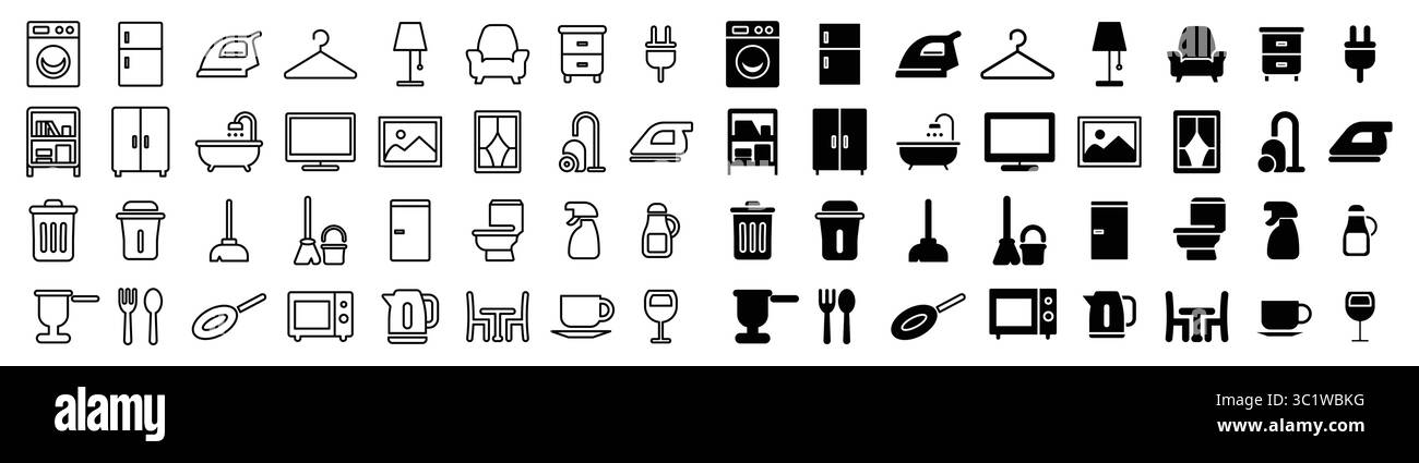 Un set completo di icone per la casa visualizzate in uno stile minimalista in bianco e nero. Perfetto per rappresentare i temi della casa e della pulizia in chiave moderna Illustrazione Vettoriale