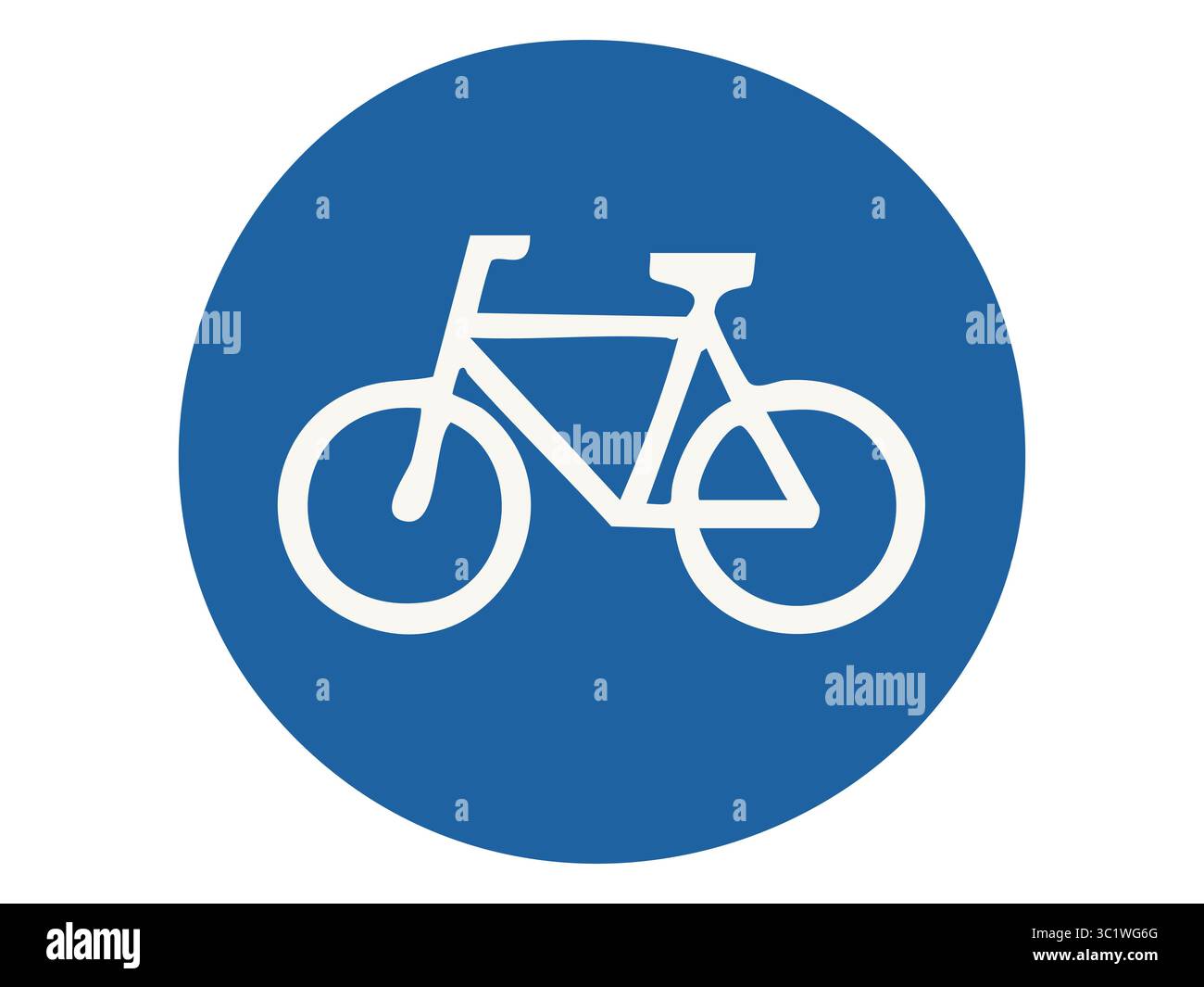 Segnale stradale obbligatorio con icona bianca all'interno di un cerchio blu isolato su sfondo bianco, illustrazione grafica. Concetto di pista ciclabile, pista ciclabile, mobilità urbana, regole del traffico, elemento di design. Illustrazione Vettoriale