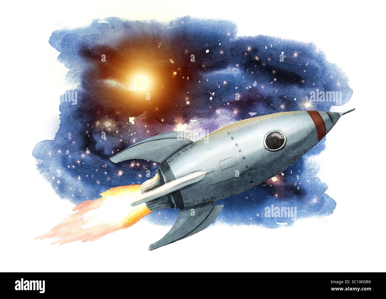 Space Rocket nel cielo. Illustrazione ad acquerello disegnata a mano, isolata su sfondo bianco Foto Stock
