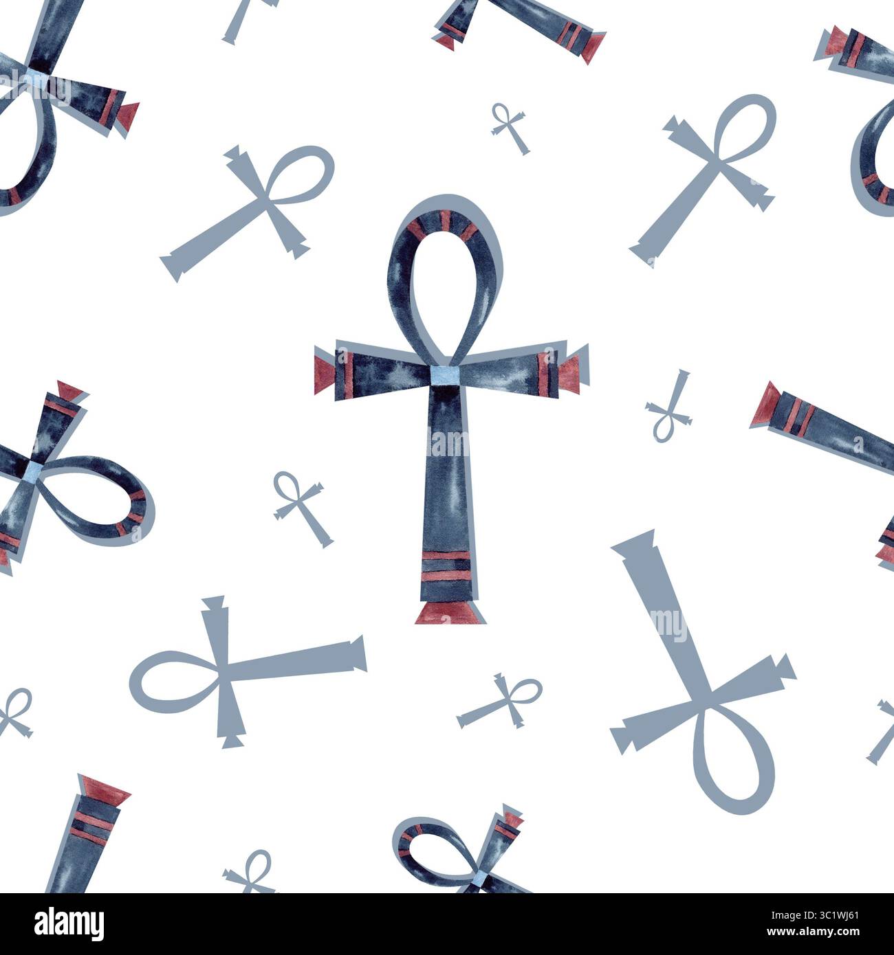 Motivo senza cuciture Ankh. Simbolo dell'antica religione egiziana. Ornamento con ombre, isolato dallo sfondo. Illustrazione dell'icona dell'acquerello per il tessuto Foto Stock