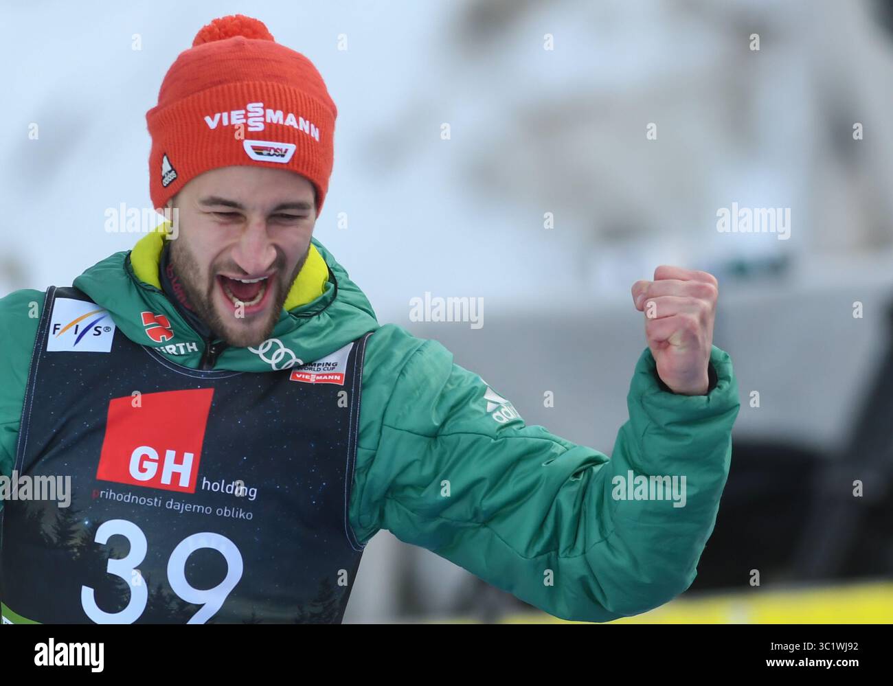 22 marzo 2019 - Planica, Slovenia - la Germania Markus Eisenbichler festeggia la sua vittoria durante la Coppa del mondo di salto con gli sci FIS Flying Hill, competizione individuale a Planica. (Immagine di credito: © immagini Milos Vujinovic/SOPA tramite cavo ZUMA) Foto Stock