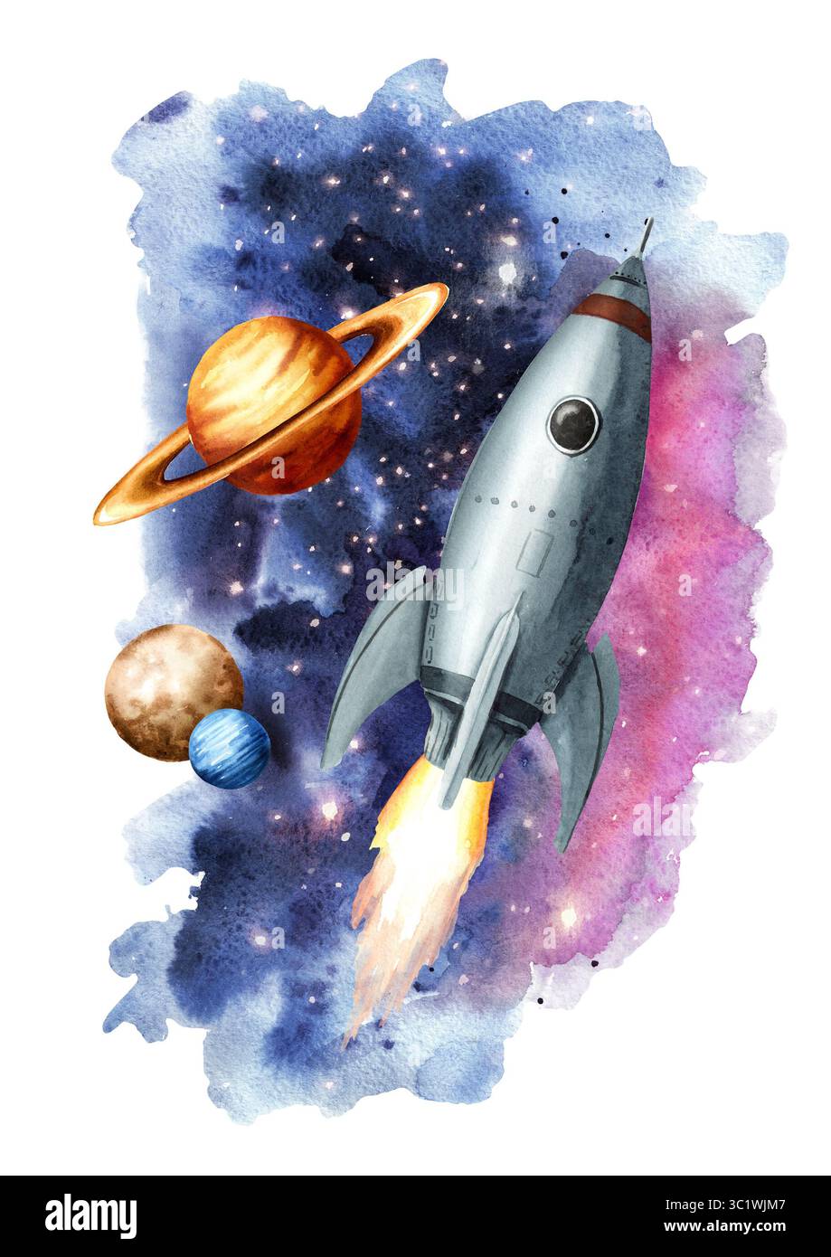 Razzo spaziale nello spazio. Illustrazione ad acquerello disegnata a mano , isolata su sfondo bianco Foto Stock