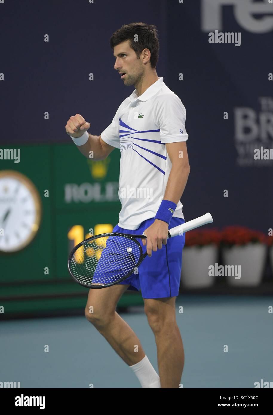 24 marzo 2019 - Miami Gardens, Florida, Stati Uniti d'America - MIAMI GARDENS, FLORIDA - 24 MARZO: Novak Djokovic della Serbia sconfigge Federico Delbonis dell'Argentina il giorno 7 del Miami Open presentato da Itau all'Hard Rock Stadium il 24 marzo 2019 a Miami Gardens, Florida. (Immagine di credito: © SMG via ZUMA Wire) Foto Stock