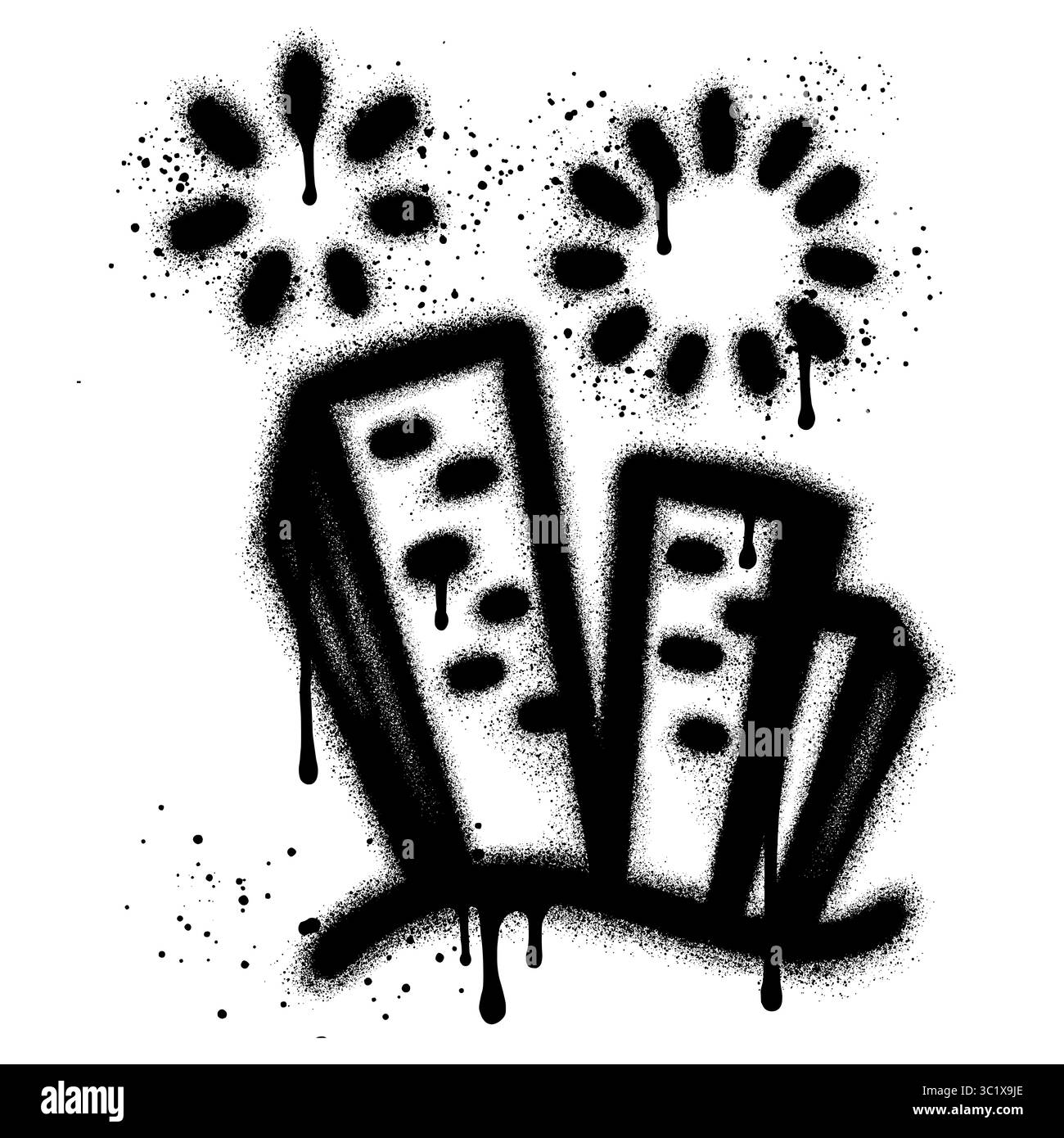 Edificio Graffiti verniciato a spruzzo e fuochi d'artificio isolati con uno sfondo bianco. EPS 10 Illustrazione Vettoriale