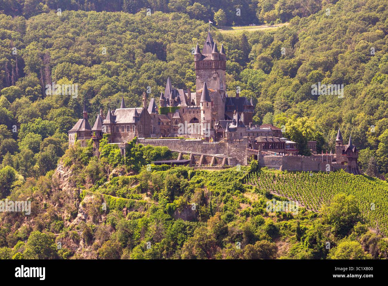 Reichsburg Cochem circondato da vigneti e colline boscose a Cochem in Germania Foto Stock