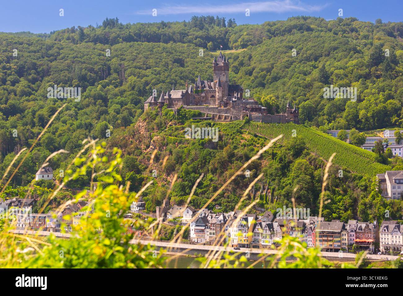 Reichsburg Cochem circondato da vigneti e colline boscose a Cochem in Germania Foto Stock