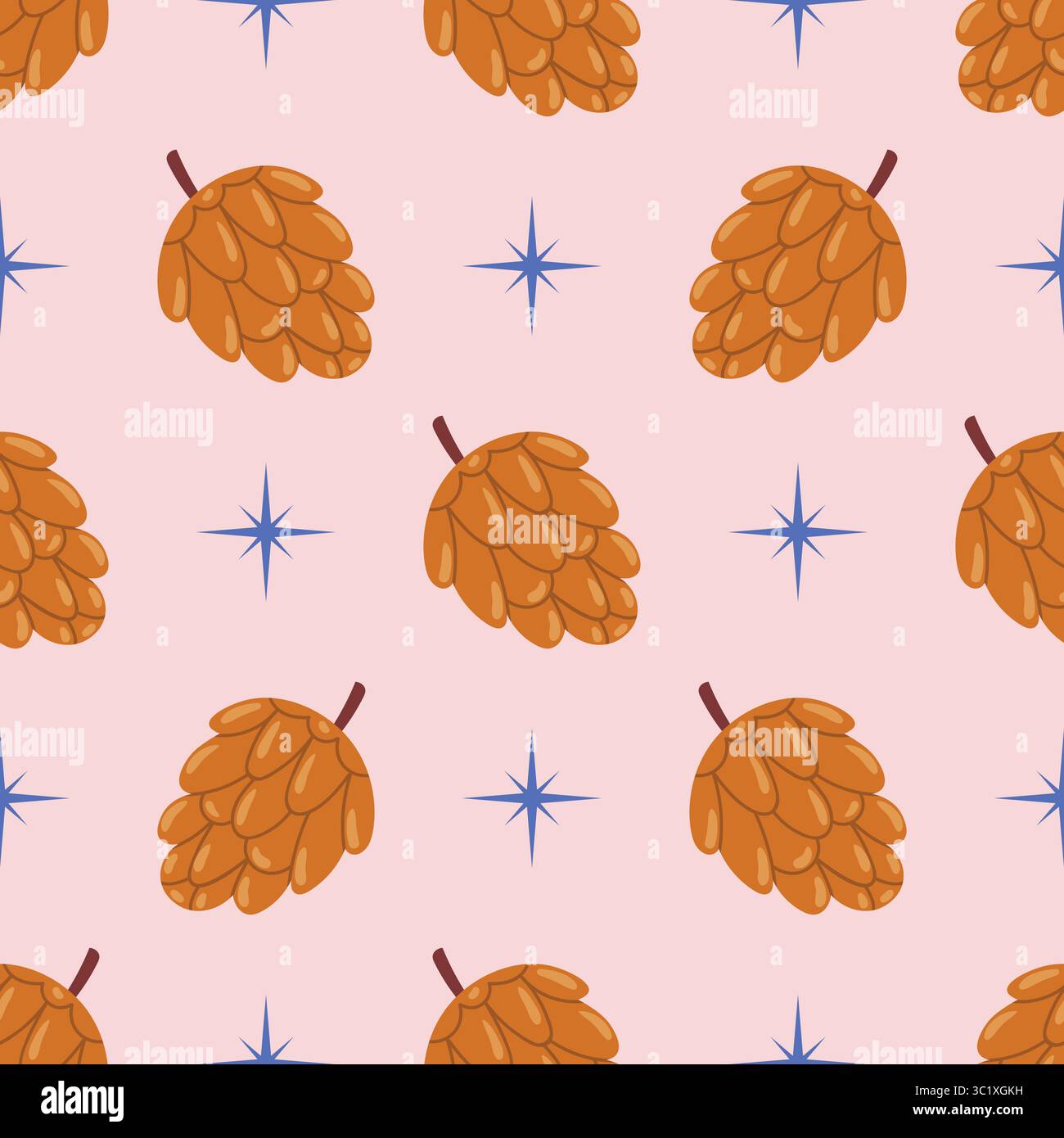 Grazioso motivo senza cuciture con pini e stelle blu su sfondo rosa pastello in ordine di pois. Stile cartoni animati piatto, perfetto per l'inverno, bambini, avvolgimento, Illustrazione Vettoriale