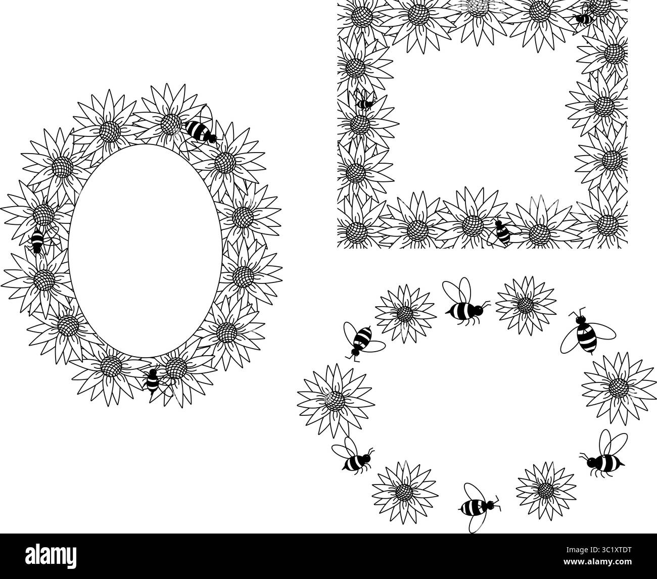 Set di cornici rettangolari ovali per girasole e api Honey. Illustrazione della linea grafica vettoriale. Collezione grafica di girasole per imballaggio, arredamento. Cornice di petali, b Illustrazione Vettoriale