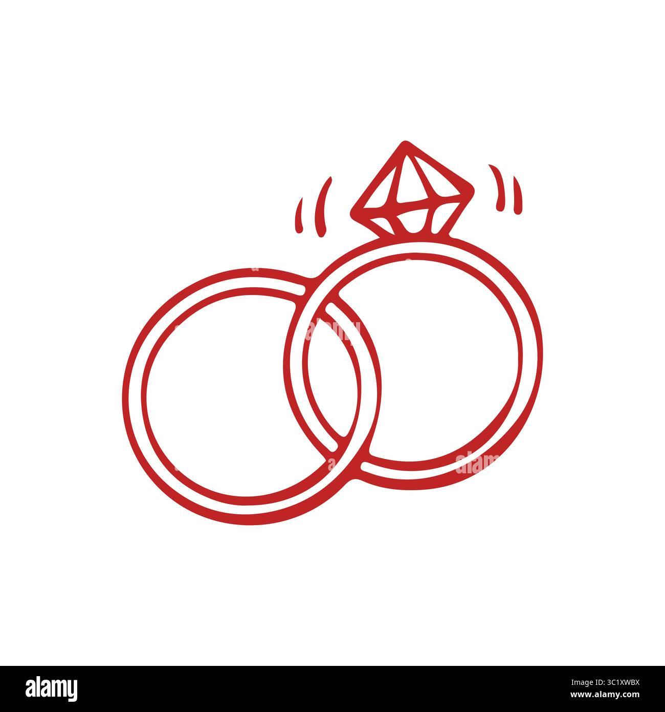 Vettore dell'icona delle fedi nuziali. Cartello illustrativo matrimonio. Due anelli con profilo smerigliato rosso. Illustrazione vettoriale in stile doodle. Illustrazione Vettoriale