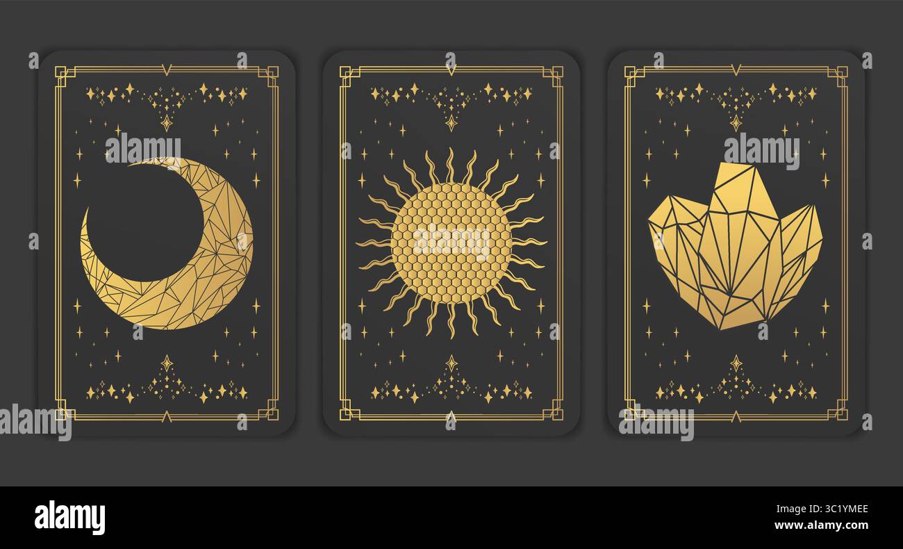Carte di tarocchi d'oro con simboli celesti di cristallo. Magico set esoterico di Tarocchi. Illustrazione vettoriale Illustrazione Vettoriale