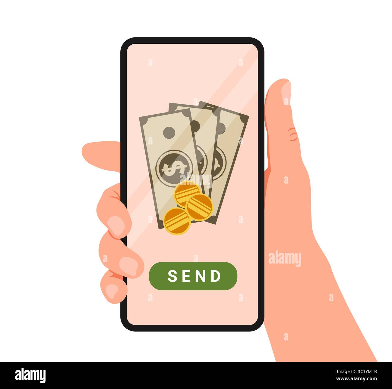 Mano che tiene in mano un telefono con l'app per il trasferimento di denaro online. Invio di denaro online. Pagamento mobile, transazioni online, cashback. Illustrazione vettoriale Illustrazione Vettoriale