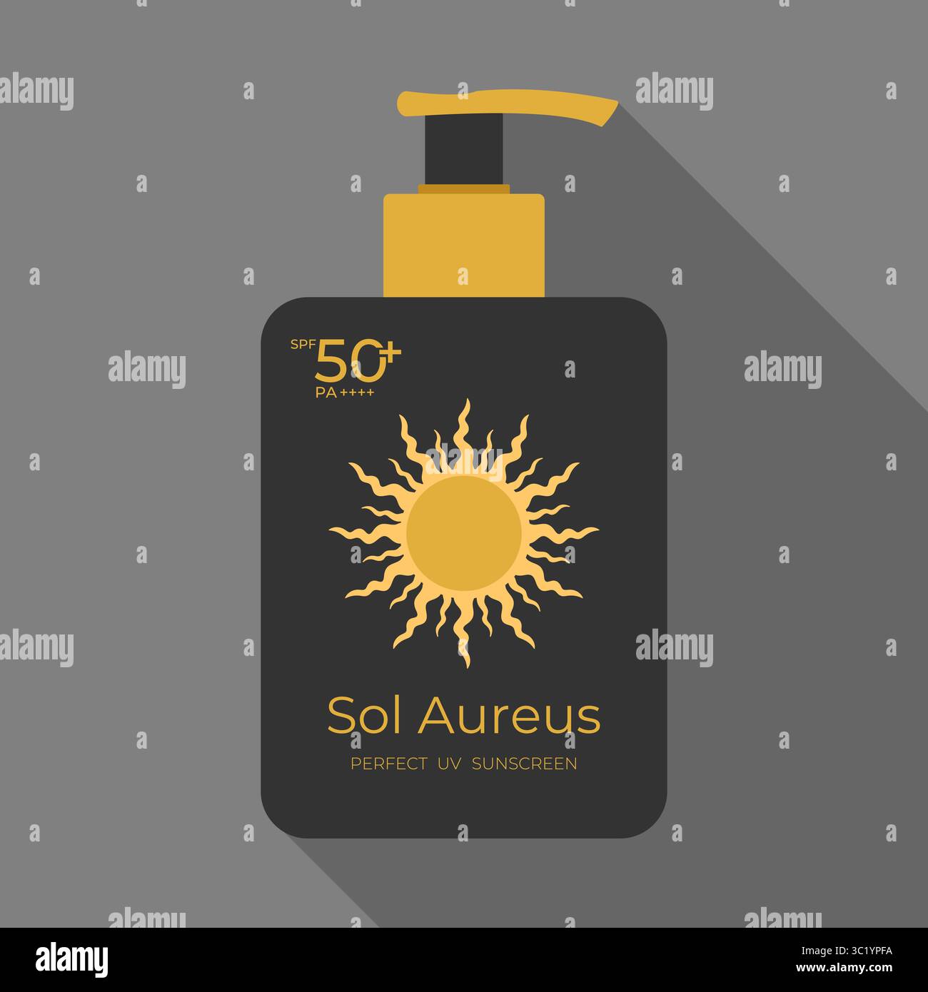 Design della confezione della crema solare con un sole dorato. Versare il biberon con una crema solare o una crema. SPF 50. Illustrazione vettoriale Illustrazione Vettoriale