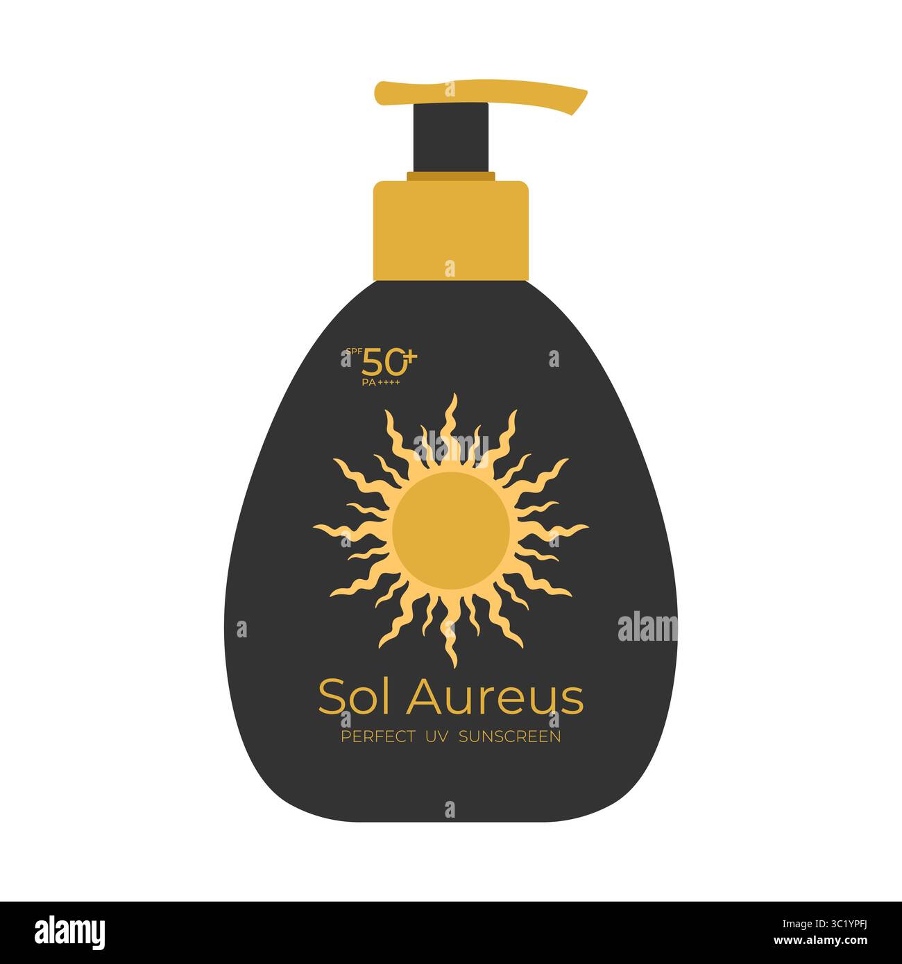 Design della crema solare con un simbolo del sole dorato. Pompare il flacone con una crema solare. Illustrazione vettoriale Illustrazione Vettoriale