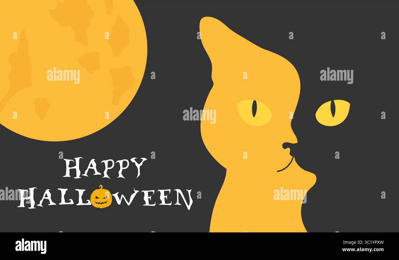 Striscione Halloween minimalista con gatto nero con ombra a luna piena sul viso. Illustrazione vettoriale Illustrazione Vettoriale