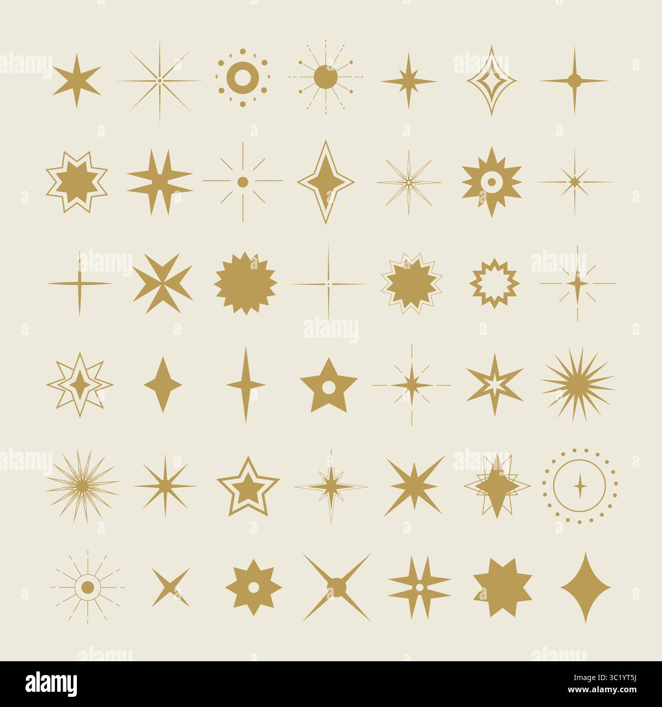 Collezione di simboli stellari e scintillanti di forma celeste d'oro. Elementi di design dello spazio. Illustrazione vettoriale Illustrazione Vettoriale