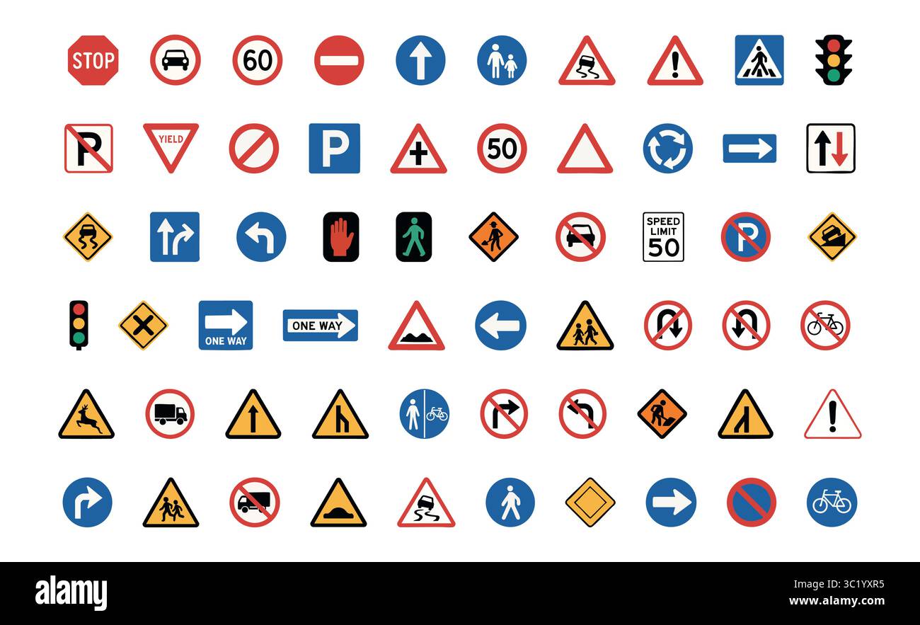 Collezione di segnali stradali e stradali, forme e colori assortiti. concetto di trasporto, sicurezza, guida, norme, simboli stradali, indicazioni stradali, gestione del traffico, set completo. Illustrazione Vettoriale
