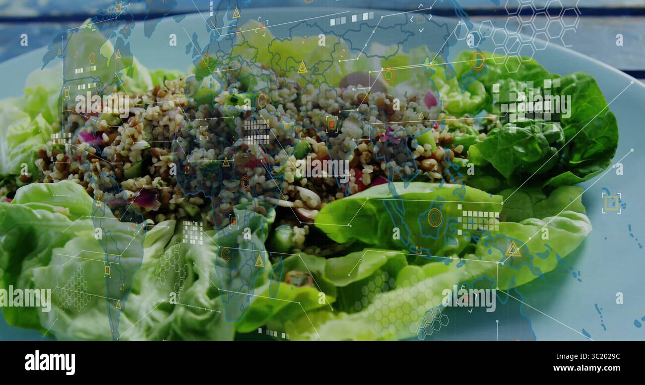 La lattuga di burro avvolge l'insalata di semi e cereali su un piatto di ceramica bianco, sovrapposizioni digitali Foto Stock