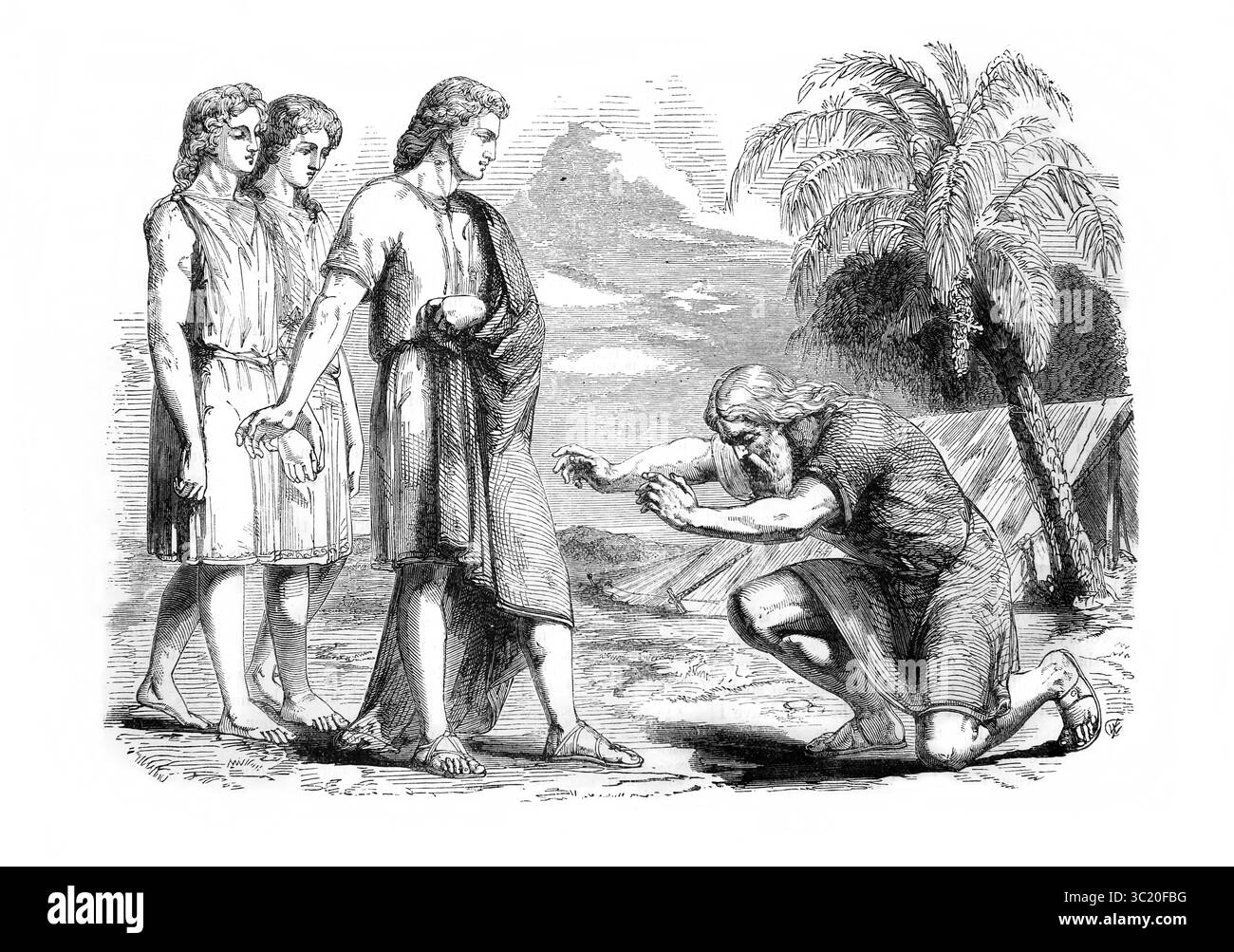 Illustrazione di Abramo che accoglie i tre Angeli (Genesi) dall'Antico XIX secolo la Sacra Bibbia contenente l'Antico e il nuovo Testamento con Expla Foto Stock