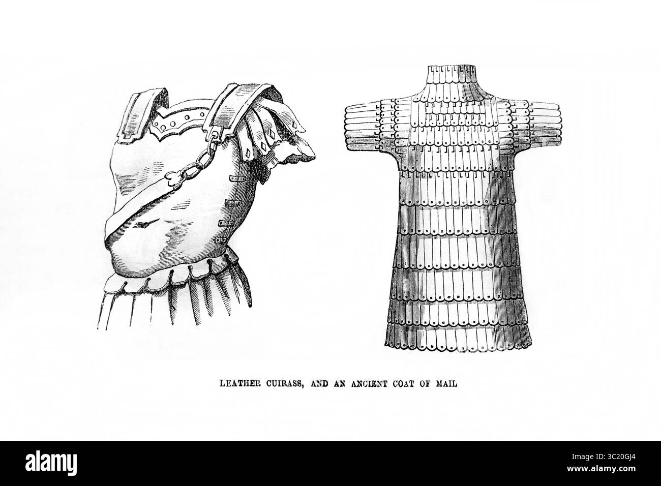 Illustrazione di cuirass in cuoio e di un antico cappotto di posta indossato dai soldati nel vecchio testamento dell'Antico XIX secolo contenente la Sacra Bibbia Foto Stock