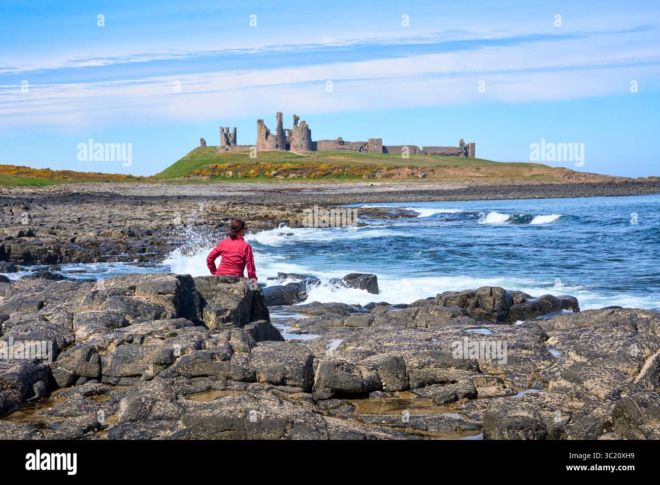 Donna che ammira le rovine medievali del castello di Dunstanburgh nel nord-est dell'Inghilterra, Regno Unito Foto Stock