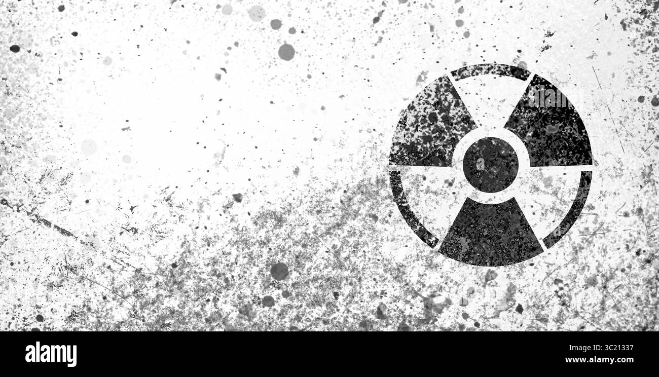 Insegna radioattiva nera su sfondo bianco testurizzato, design banner. Inquinamento radiologico Foto Stock