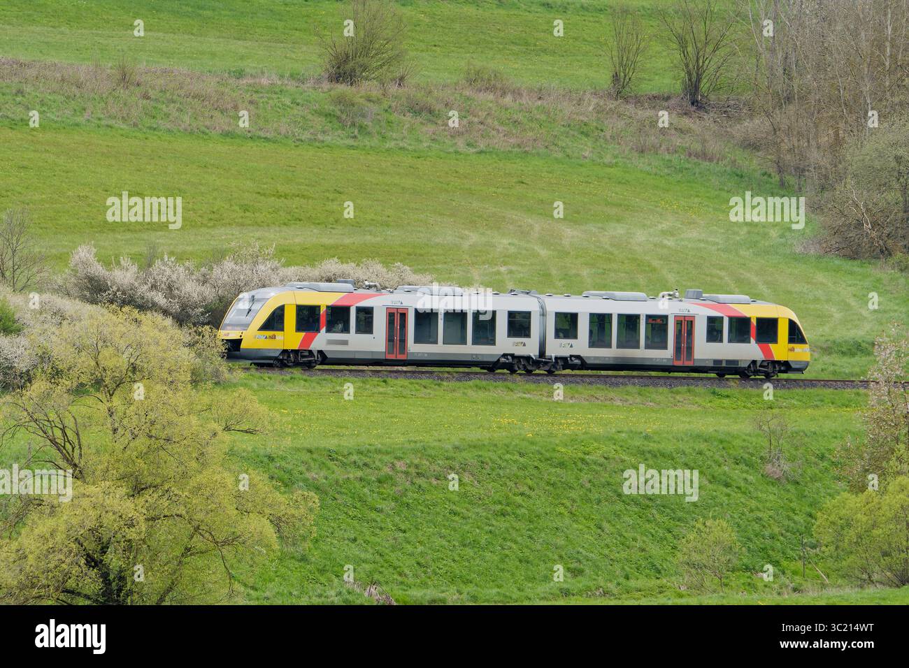 Treno regionale a due auto che attraversa il verde paesaggio rurale della Germania primaverile. Foto Stock