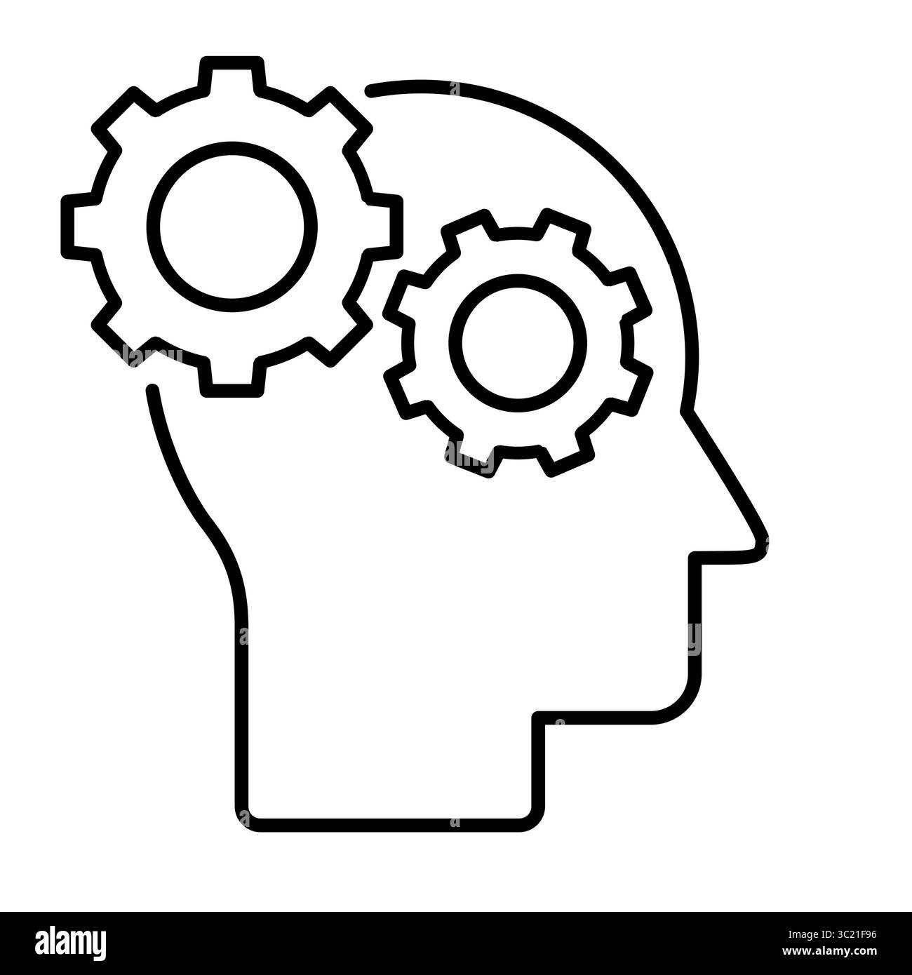 Testa con icona della linea ingranaggi. Processo di pensiero. Intelligenza artificiale. La mente umana come ruote dentate. Idea creativa del cervello. Risoluzione dei problemi e innovazione. Illustrazione Vettoriale