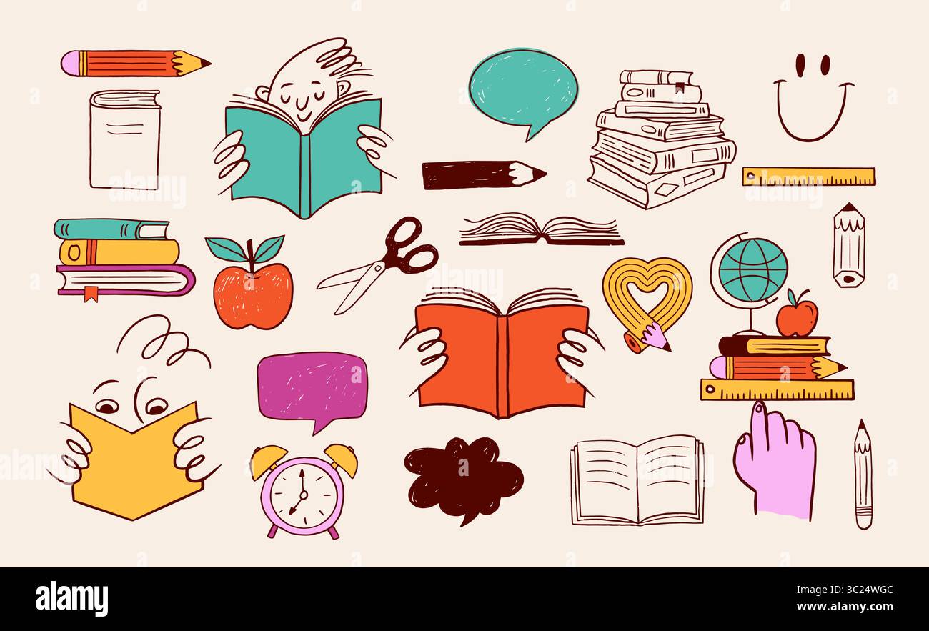 Colorata collezione di illustrazioni Back to School disegnate a mano. Libri e forniture scolastiche cartoni animati e set di icone. Illustrazione Vettoriale