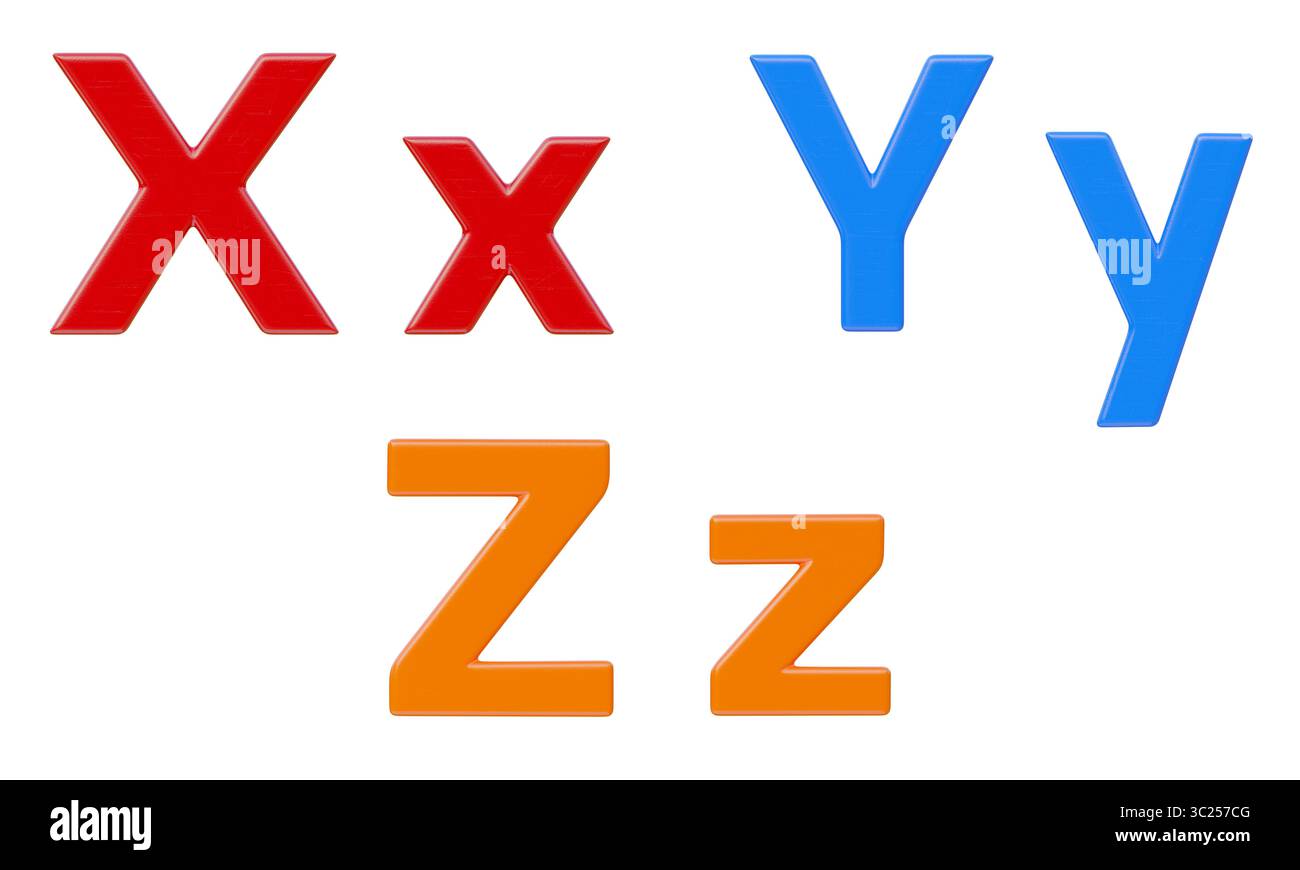 Lettere magnetiche in plastica da X a Z, maiuscole e minuscole, colorate e piatte, isolate su sfondo bianco. Foto Stock