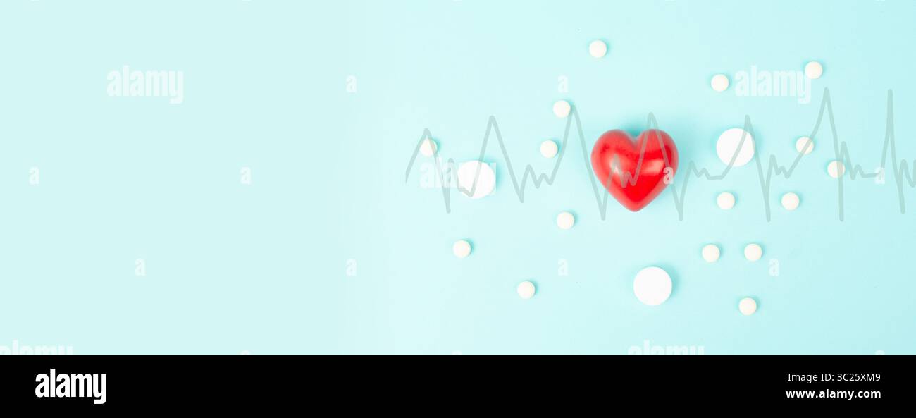 Infarto, malattia di miocardite, infiammazione del muscolo, trombosi e stress cardiaco, frequenza del battito cardiaco e pillole mediche Foto Stock
