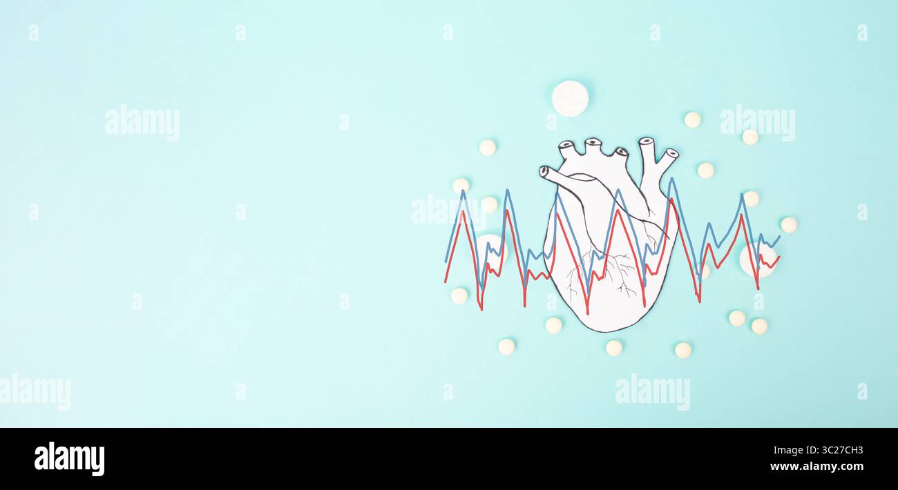 Infarto, malattia di miocardite, infiammazione del muscolo, trombosi e stress cardiaco, frequenza del battito cardiaco e pillole mediche Foto Stock