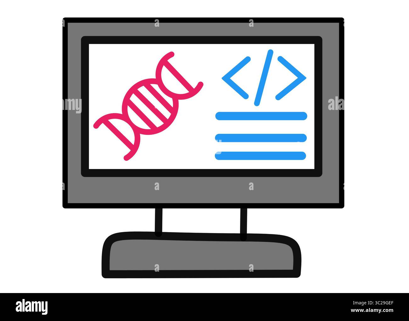 Un'illustrazione minimalista di un monitor di computer che visualizza il DNA e i simboli di codifica Foto Stock