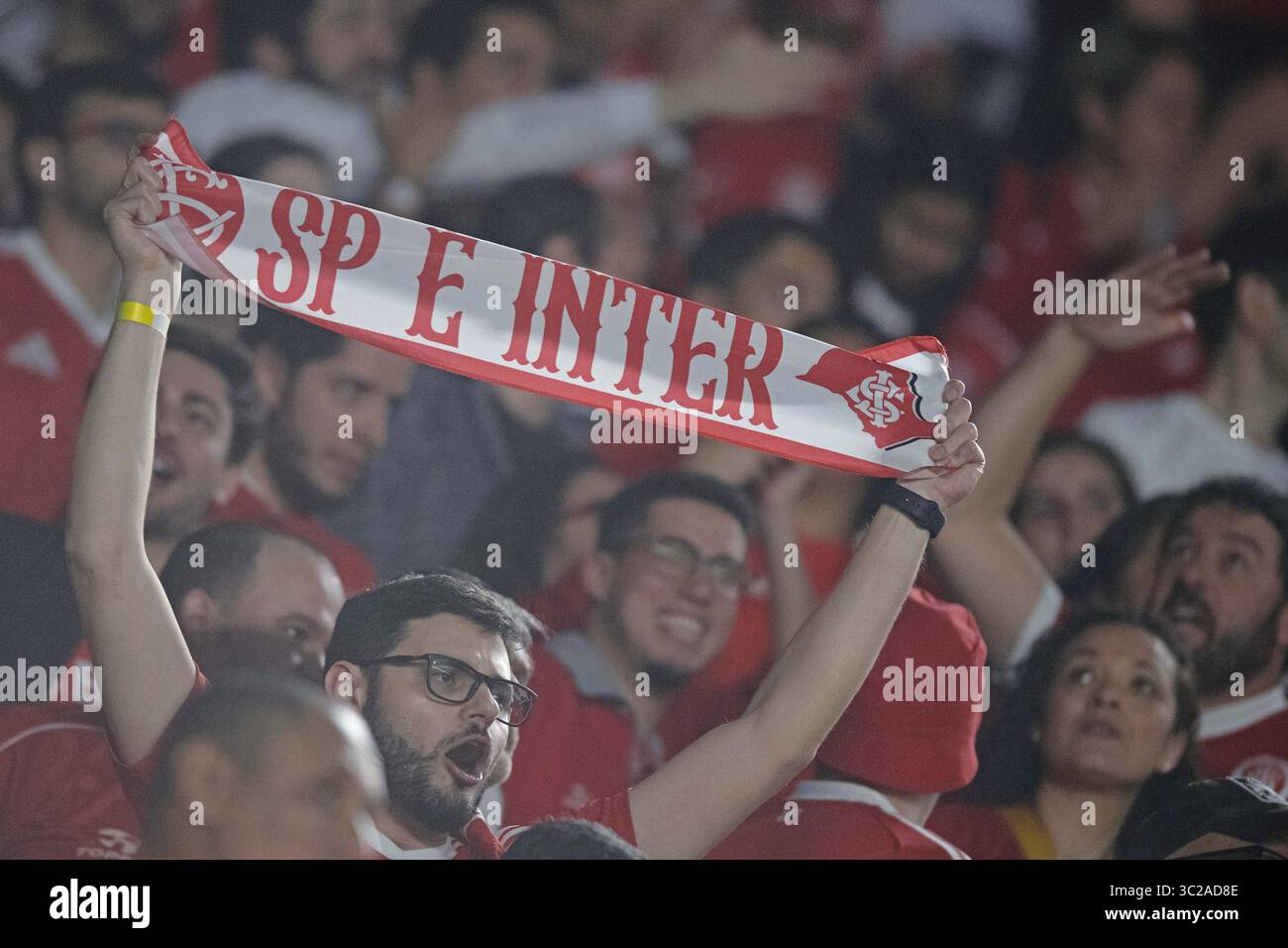 Santos, Brasile. 23 luglio 2025. Tifosi dell'Internacional, durante la partita tra Santos e Internacional, per la serie A 2025 brasiliana, allo stadio Vila Belmiro, a Santos il 23 luglio 2025 foto: Max Peixoto/DiaEsportivo/Alamy Live News crediti: DiaEsportivo/Alamy Live News Foto Stock