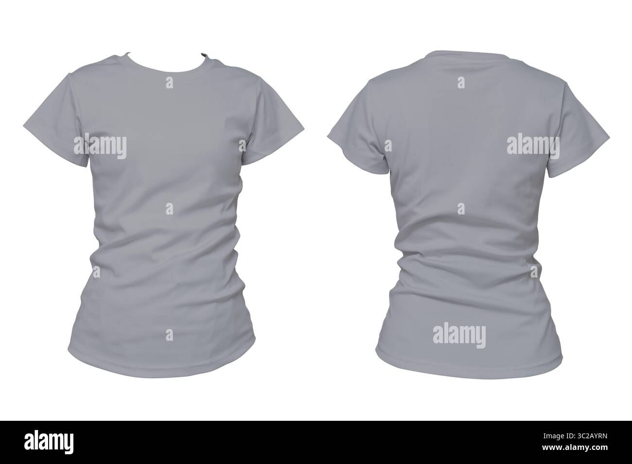 T-shirt da donna grigia in tinta con la vista anteriore e posteriore. Ideale per mockup di abbigliamento, fashion design, branding, posizionamento delle stampe. E-commerce. Isolato Foto Stock