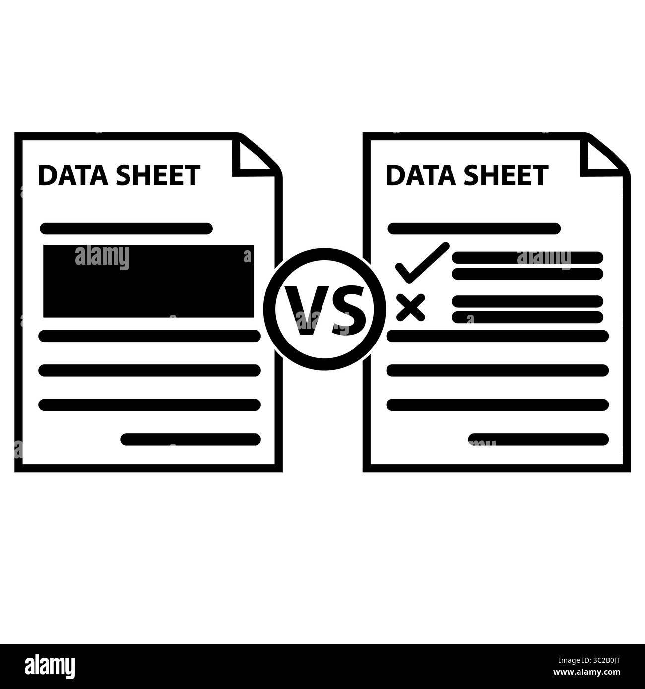 icona confronta. segnale di analisi della differenza di due file. simbolo di confronto del documento della scheda tecnica. confronto di diversi formati di file. stile piatto. Foto Stock