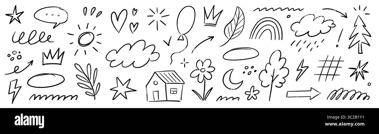 Set di schizzi a matita di pastello con gesso. Freccia per bambini disegnata a mano, nuvola, elemento pastello per bambini con fiori. Cuore di gesso infantile, motivo a matita pastello, stile schizzo. Illustrazione vettoriale Illustrazione Vettoriale