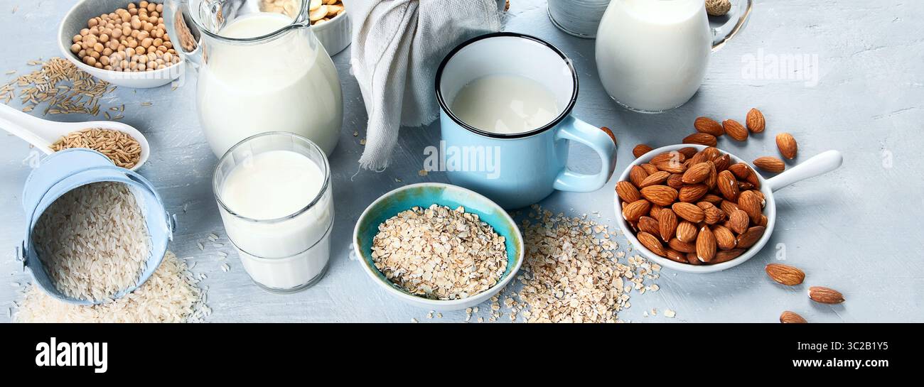 Vari ingredienti e latte a base di piante vegane. Bevanda sostitutiva del latte senza latte. Dieta vegana e vegetariana sana. Panorama, banner Foto Stock