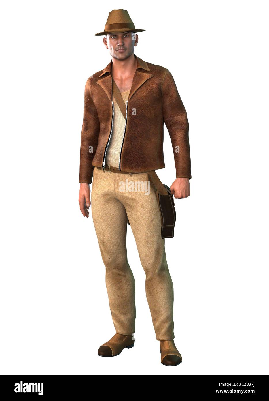 Illustrazione in 3D di un uomo sicuro di sé che indossa una giacca in pelle marrone, pantaloni abbronzanti e un cappello fedora. Ha una borsa a spalla che evoca l'aspetto di un Foto Stock