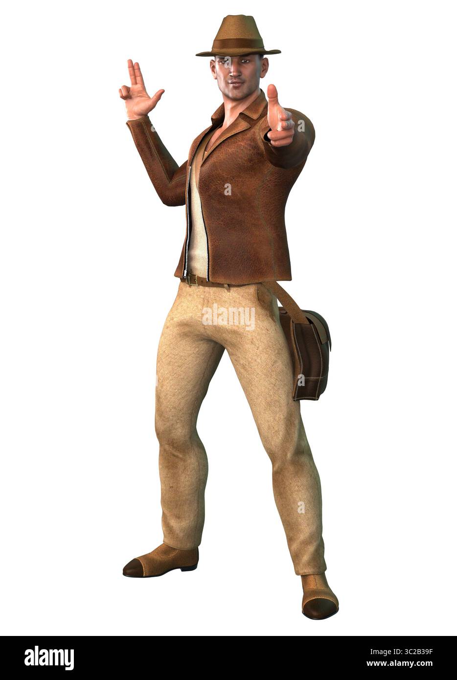 Illustrazione in 3D di un uomo sicuro di sé che indossa una giacca in pelle marrone, pantaloni abbronzanti e un cappello fedora. Ha una borsa a spalla che evoca l'aspetto di un Foto Stock