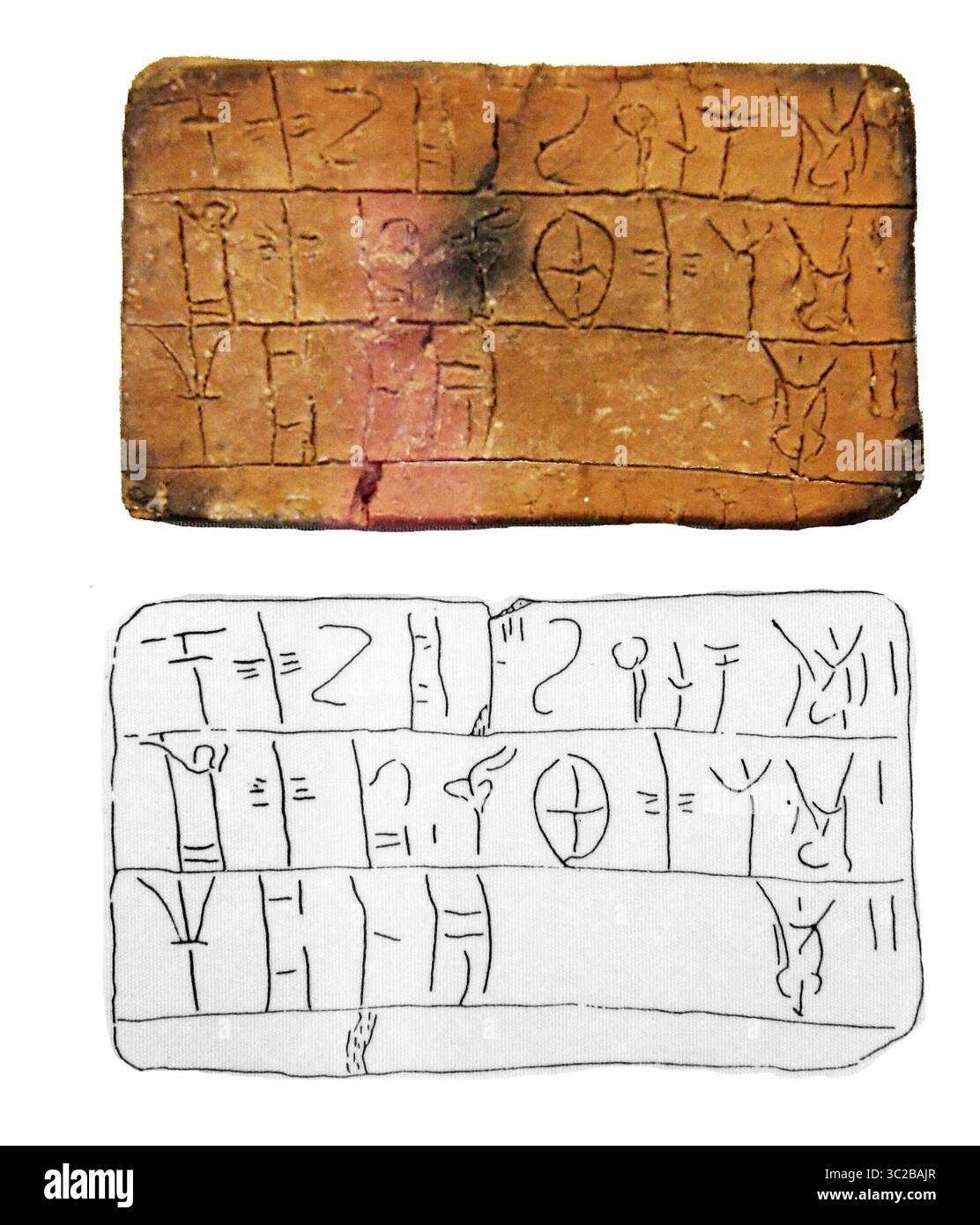 7880. Tavoletta micenea con scrittura greca lineare B, la prima scrittura greca risalente al 1450-1200, che registra una quantità di lana che deve essere tinta. Foto Stock