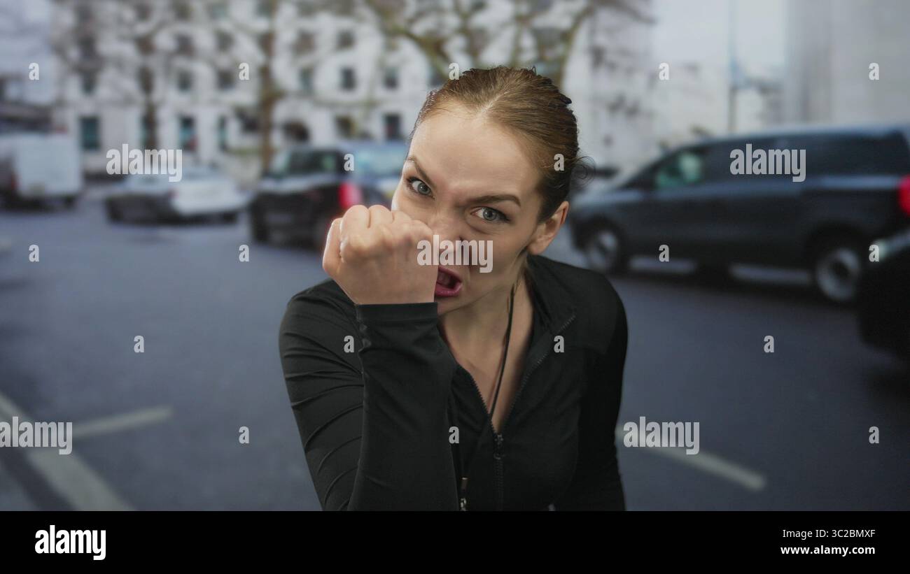 La donna addestratrice punta il dito in strada vicino alle auto indossando una giacca nera e fischiando; determinazione. Foto Stock