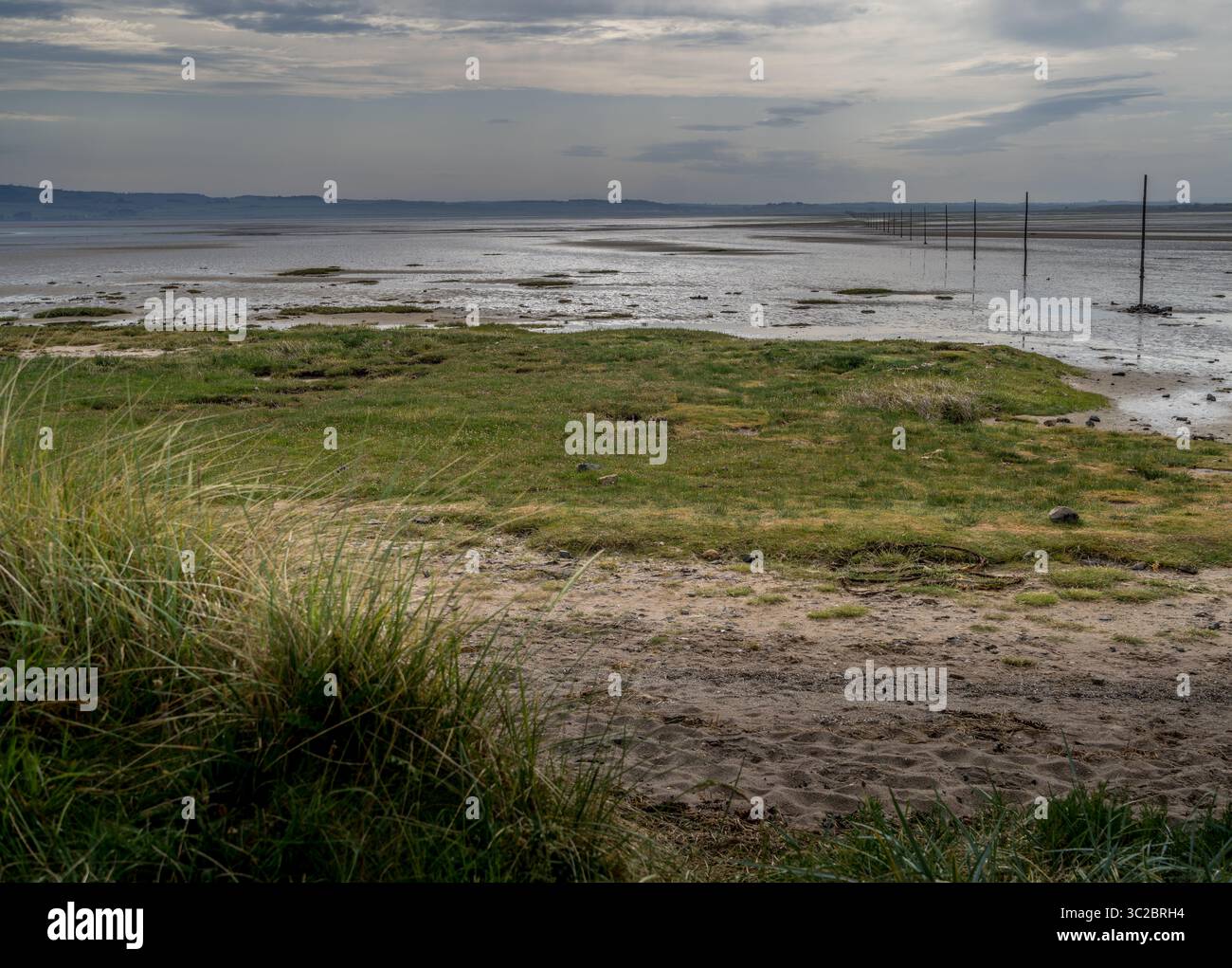 Guardando fuori da Lindisfarne sopra la sabbia all'attraversamento pedonale con la bassa marea. Foto Stock