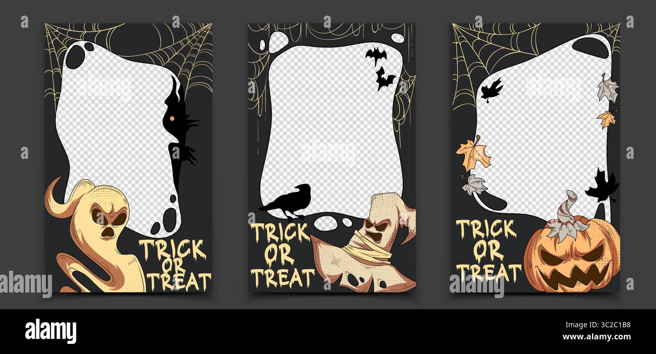 Modelli di cornici per i social media di Halloween: Bordi di foto spaventosi con testo trick o chatta, cappello da fantasma e strega, pipistrelli e corvo, ragnatele e zucche. Post da festa gotico scuro di ottobre o story design . Illustrazione Vettoriale