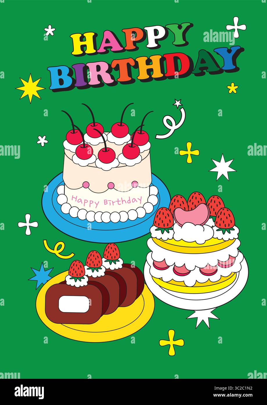 Divertente illustrazione vettoriale di torte di compleanno, dessert e vivace testo "buon compleanno" su sfondo verde. Ideale per grafica e design per feste Illustrazione Vettoriale