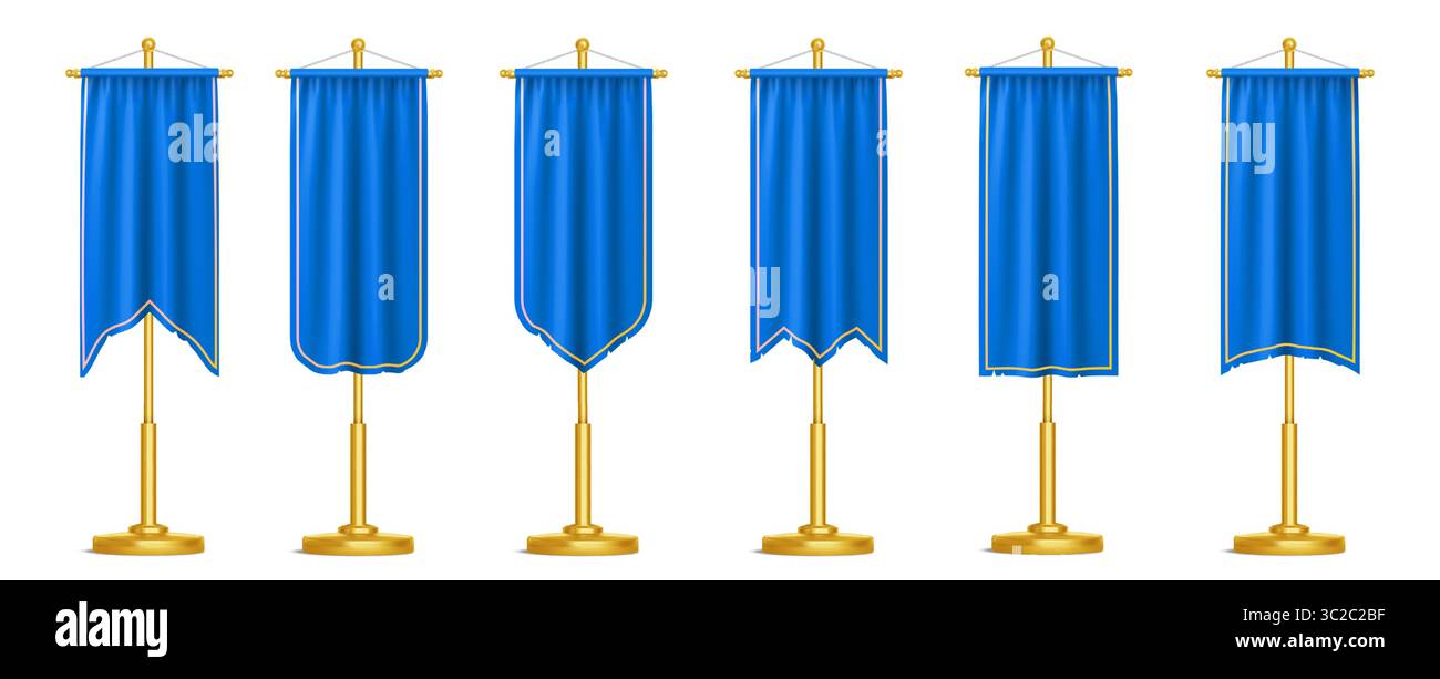 Set di stendardi medievali in tessuto blu su pali dorati con diverse forme del fondo. Bandiere di araldica reali per la decorazione del castello, elementi da esposizione dei tornei di cavalieri. Scarponi in tessuto sospesi. Illustrazione Vettoriale