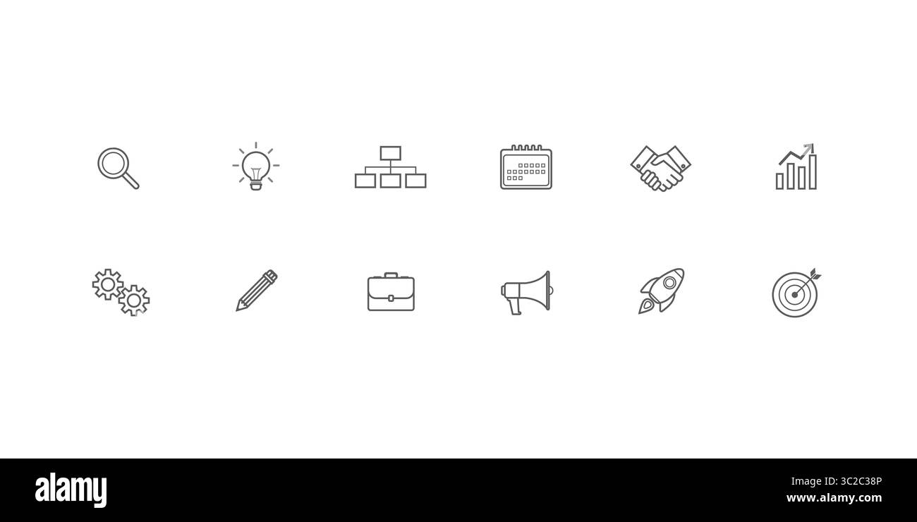 Set di icone della linea di business. icone web in stile linea. Analisi, idea, contatto, ufficio, startup, strategia, contabilità, infografica. Illustrazione vettoriale Illustrazione Vettoriale