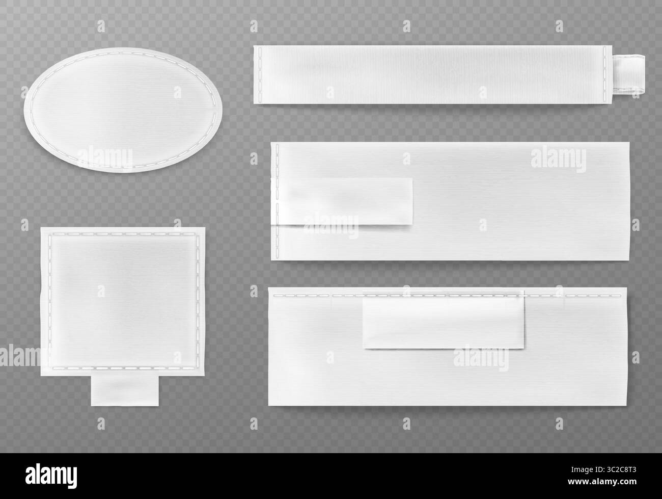 Set di mockup per etichette in tessuto con etichette bianche in tessuto, bordi cuciti su sfondo trasparente. Patch ovale, bande rettangolari con estremità piegate, tag quadrato. Elementi di branding dell'abbigliamento per il design dell'abbigliamento. Illustrazione Vettoriale