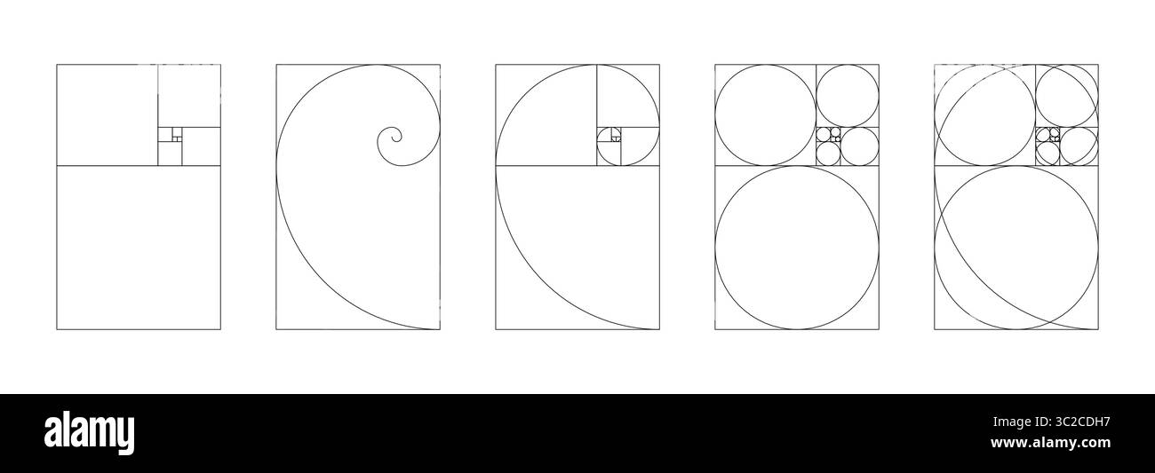 Serie di numeri Fibonacci verticali di 5 elementi. Modello di proporzioni di armonia del rapporto dorato. Illustrazione Vettoriale