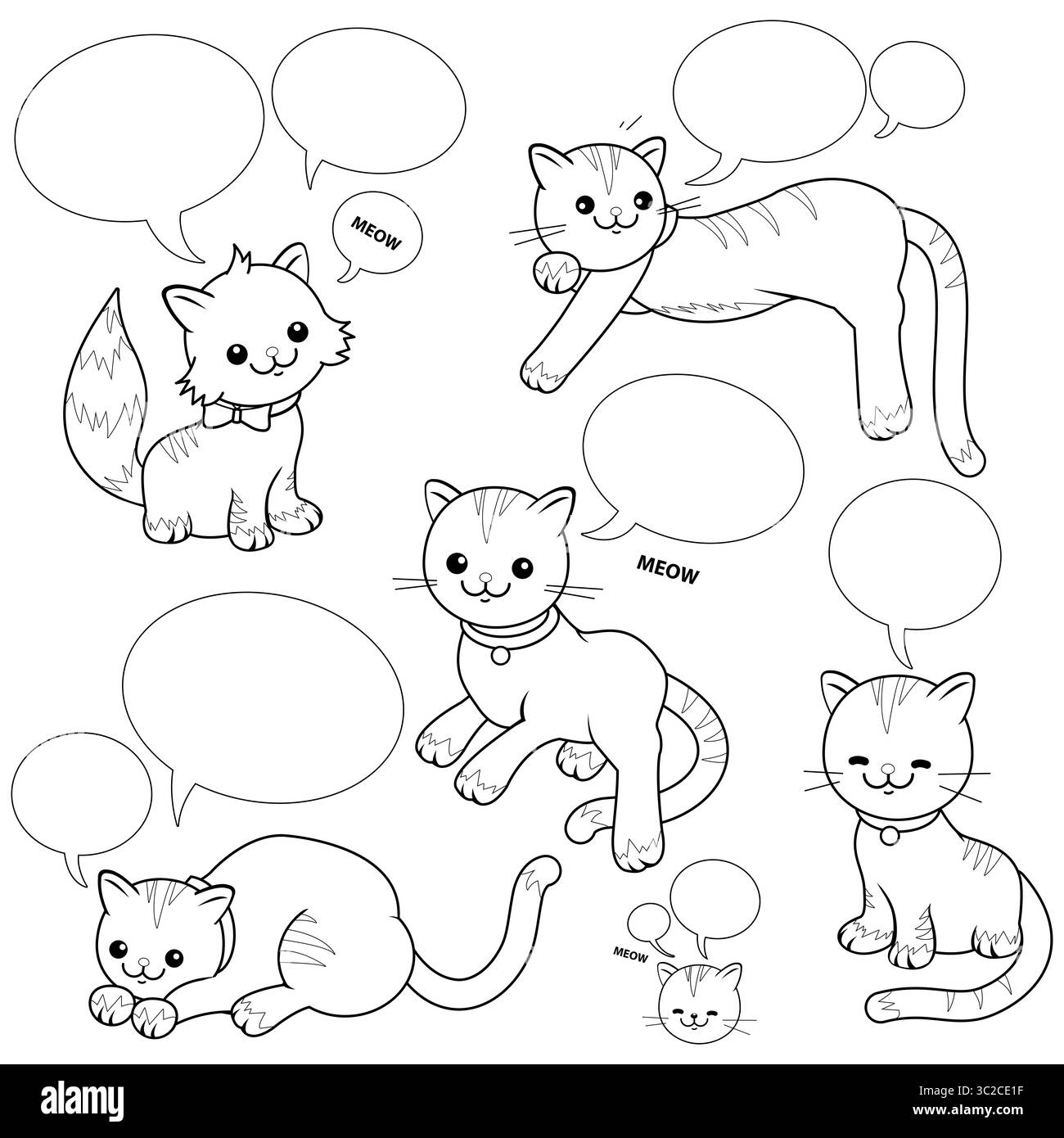 Simpatici gattini cartoni animati con bollicine. Gatti carini che parlano o si immischiano. Fumetto vuoto per aggiungere testo. Pagina da colorare in bianco e nero. Foto Stock